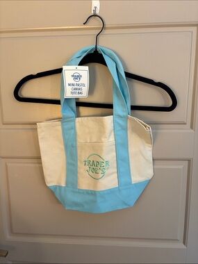 NWT Trader Joe's Mini Pastel Canvas Tote Bag - Cream & Light Blue